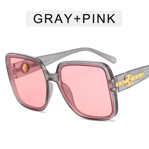 Oversized Square Sunglasses Gray Frame Pink Lens Gold DetailTrendy Fashion UV400 main image 7